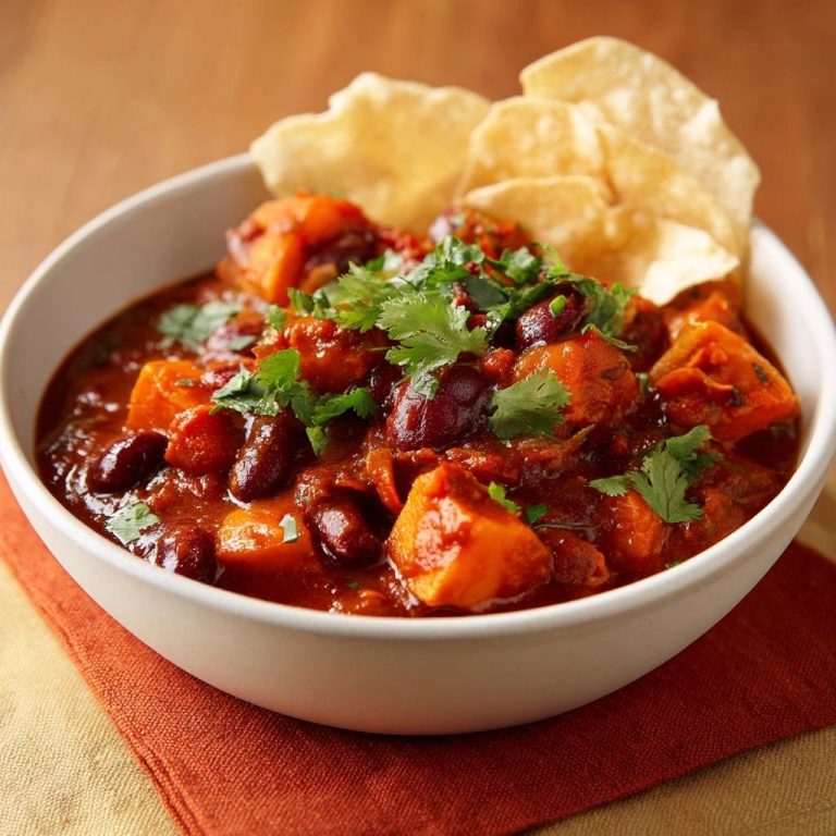 Herzhaftes Süßkartoffel-Chili serviert in einer weißen Schüssel, garniert mit frischem Koriander und knusprigen Tortilla-Chips.