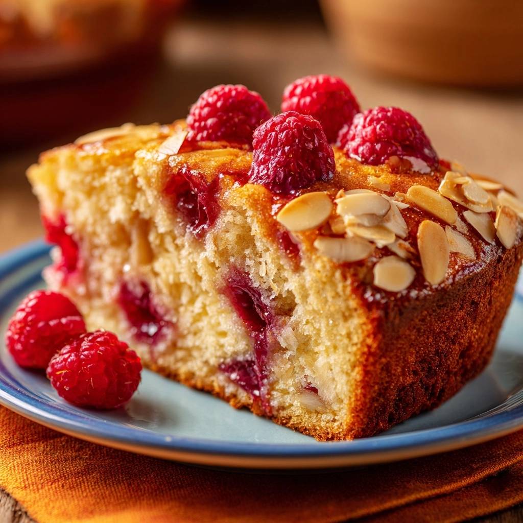 Himbeer Mandel Kuchen Querschnitt Nahaufnahme 1 Himbeer-Mandel-Kuchen: Nahaufnahme eines saftigen Stücks mit frischen Himbeeren und Mandelsplittern, das die köstliche Textur zeigt.