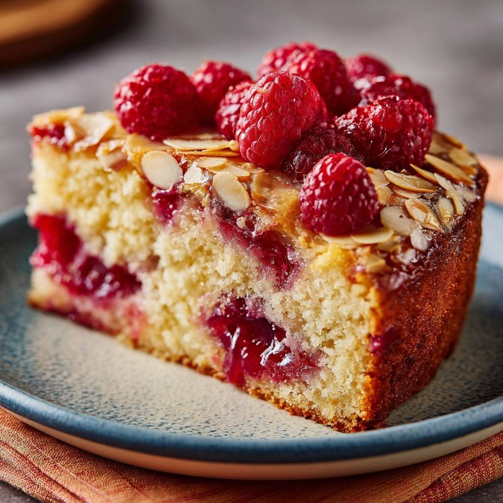 Himbeer-Mandel-Kuchen in Nahaufnahme, ein Kuchenstück mit saftigem Himbeer-Füllung, Mandelsplittern und frischen Himbeeren serviert.