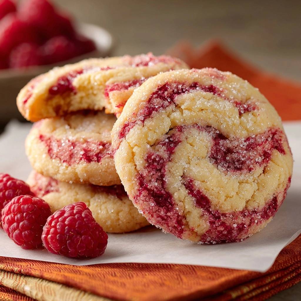 Himbeer Wirbel Kekse Nahaufnahme Mit Himbeeren 1 Himbeer-Wirbel-Kekse in Nahaufnahme mit frischen Himbeeren, die die leuchtende rote Füllung und die zarten Zuckerkristalle zeigen.