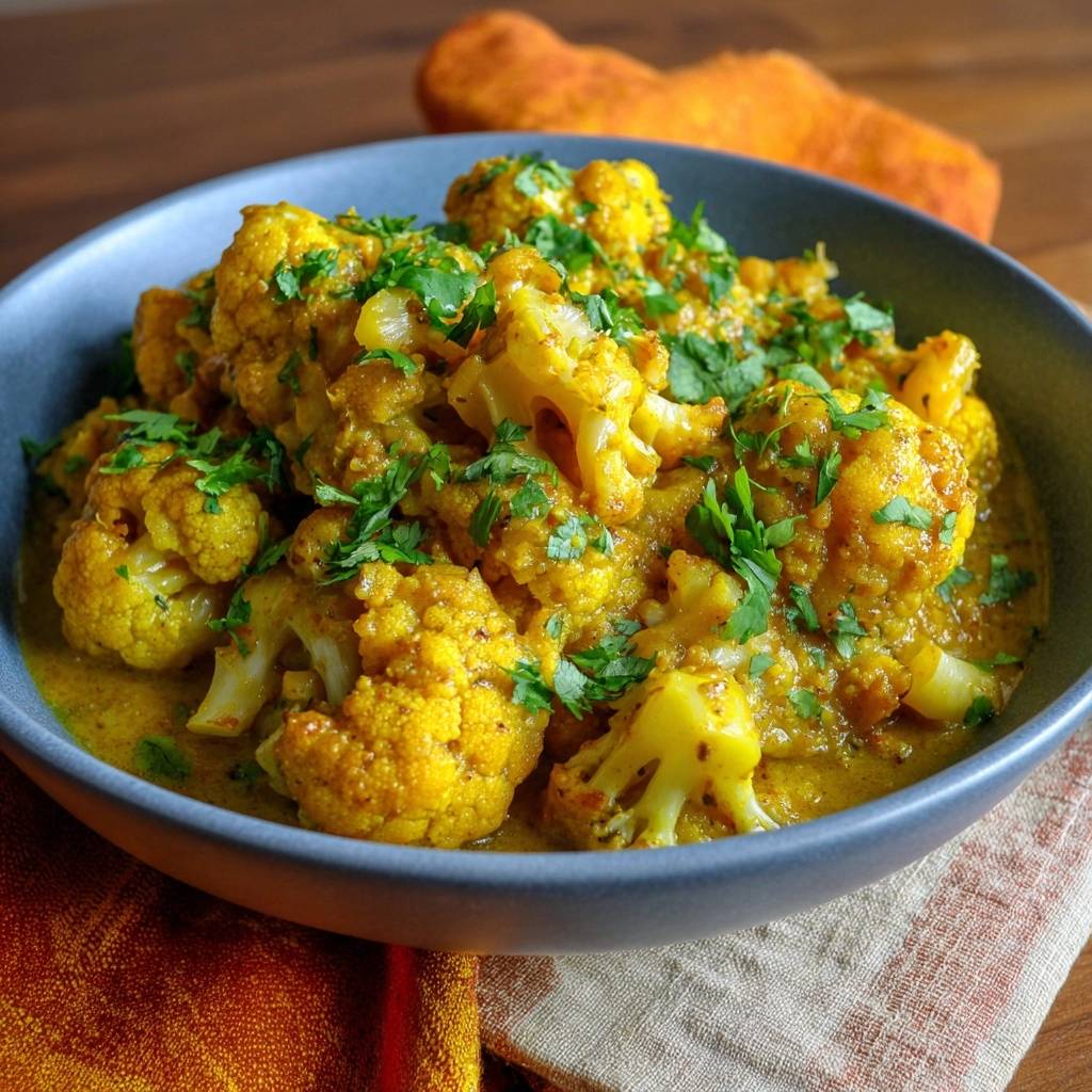 Indisches Blumenkohl-Curry (Gobi Masala) in einer blauen Schüssel, von oben gesehen, garniert mit frischer Petersilie. Der Blumenkohl ist goldgelb und nicht matschig.