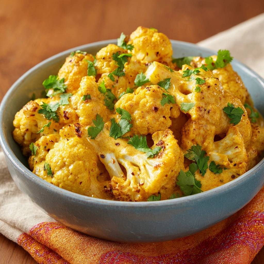 Indisches Blumenkohl Curry Gobi Masala Serviert 1 Indisches Blumenkohl-Curry (Gobi Masala) serviert in einer blauen Schüssel, garniert mit frischer Koriander, serviert auf einem bunten Tuch.