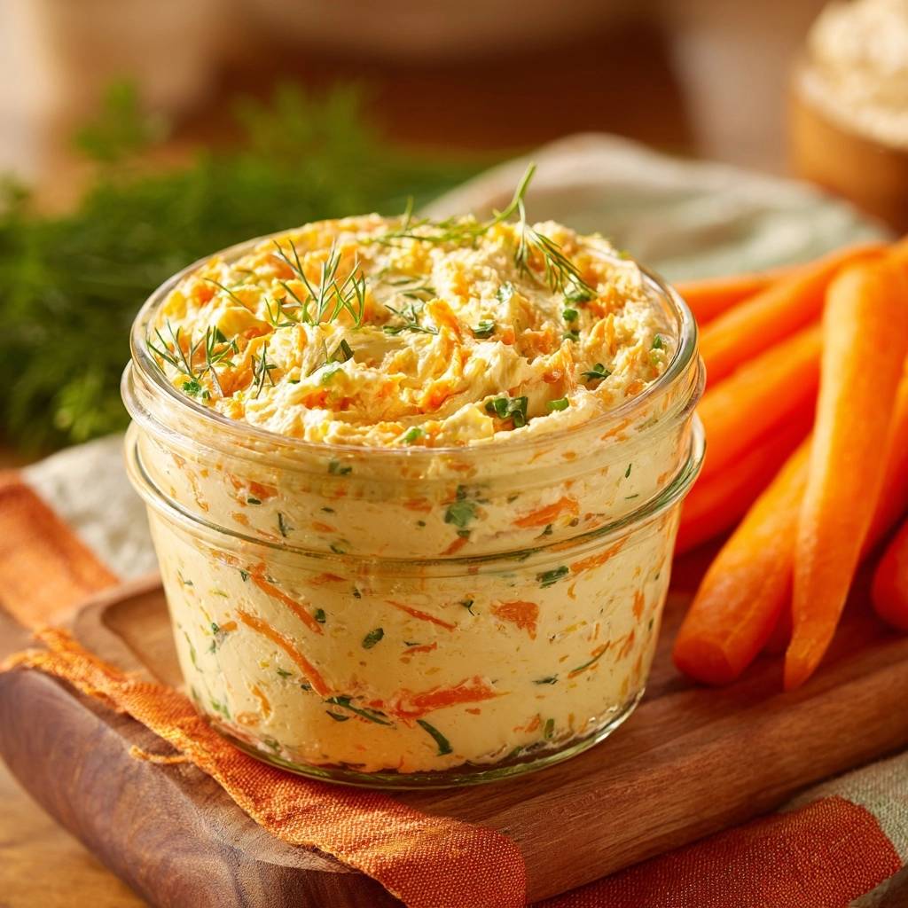 Karotten-Dill-Dip in einem Glasbehältnis serviert, mit frischen Karotten daneben, garniert mit Dillspitzen. Der cremige Dip ist perfekt für einen Snack.