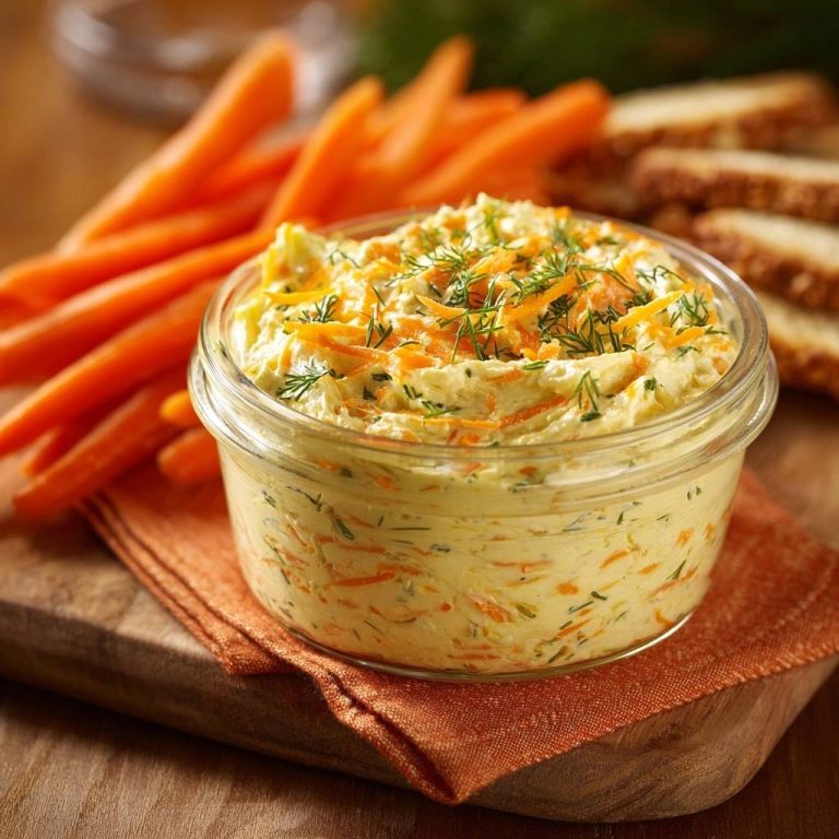 Karotten-Dill-Dip serviert in einem Glas mit frischen Karottensticks und knusprigen Brotscheiben auf einem rustikalen Holzbrett.