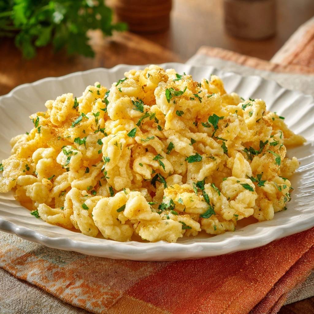 Klassische Butterspätzle, serviert auf einem weißen Teller, sind mit frischer Petersilie garniert und sehen köstlich aus.