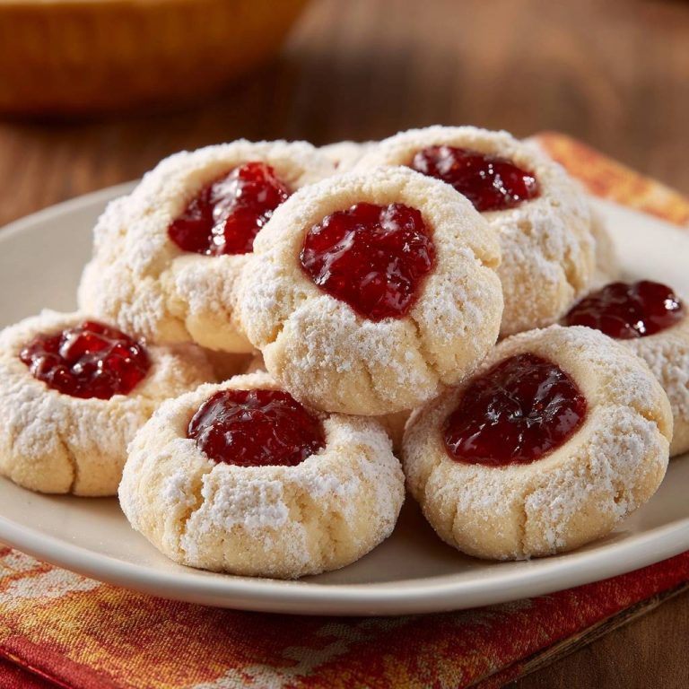Klassische Engelsaugen (Husarenkrapferl) in Nahaufnahme auf einem Teller serviert, mit Puderzucker bestäubt und mit köstlicher Marmelade gefüllt.