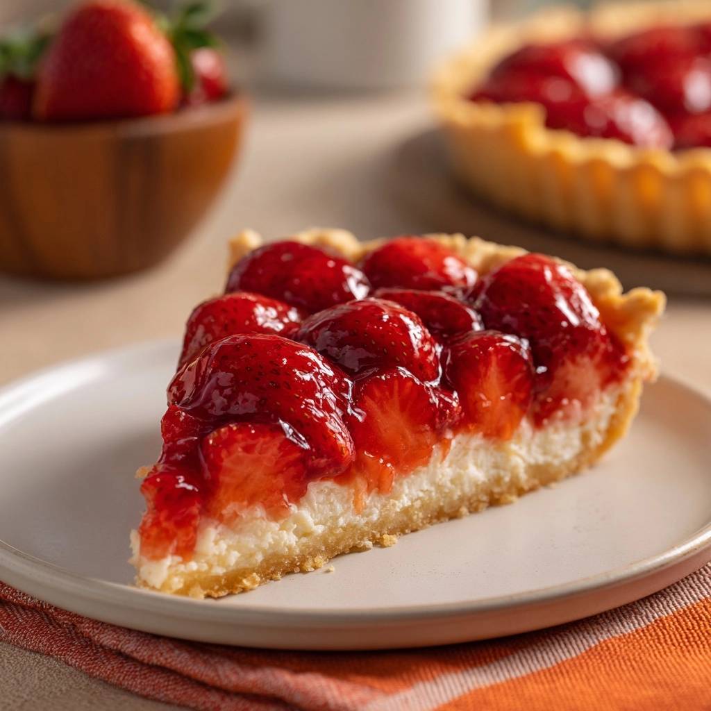 Klassische Erdbeertarte mit Vanille-Patisseriecreme, serviert auf einem Teller, zeigt den köstlichen Querschnitt der Tarte mit Erdbeeren.