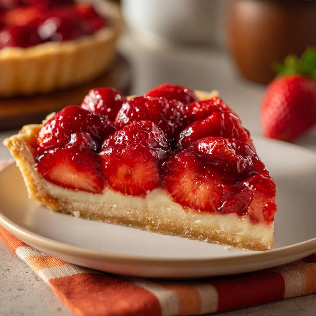 Klassische Erdbeertarte mit Vanille-Patisseriecreme, serviert als köstliche Scheibe mit einem Nahaufnahme-Querschnitt, der die cremige Füllung zeigt.