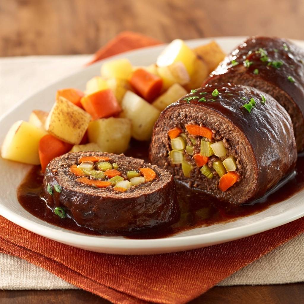 Klassische Rinderrouladen Querschnitt Serviert 1 Klassische Rinderrouladen mit Wurzelgemüse, serviert auf einem Teller, zeigen einen köstlichen Querschnitt mit buntem Gemüse.