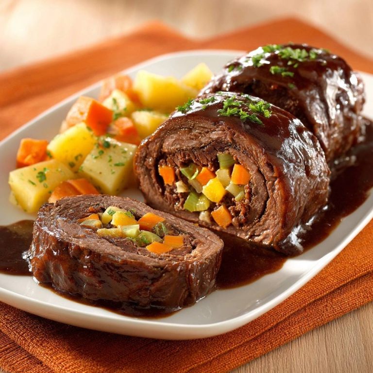 Klassische Rinderrouladen mit Wurzelgemüse, serviert auf einem weißen Teller, zeigen einen appetitlichen Anschnitt mit buntem Gemüse.