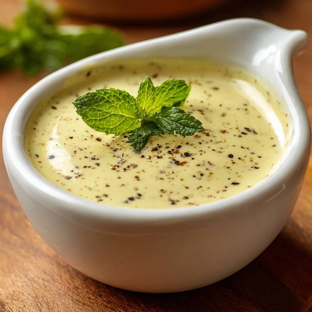 Klassische Sauce Hollandaise Detailaufnahme Mit Minze 1 Klassische Sauce Hollandaise, garniert mit frischer Minze, in einer eleganten Schale serviert. Der cremige Dip ist mit Pfeffer verfeinert.