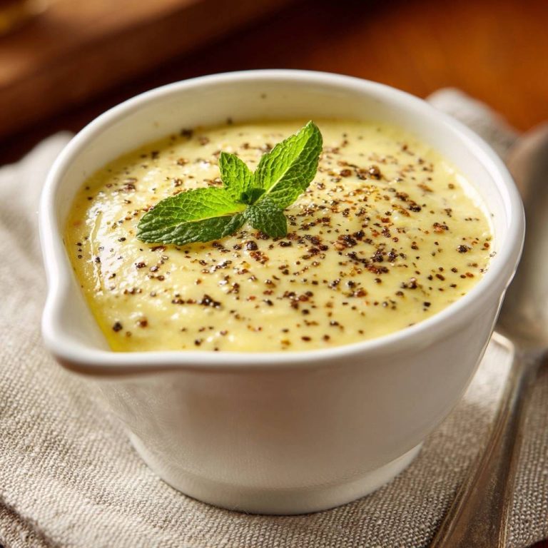 Klassische Sauce Hollandaise, serviert in einer weißen Schüssel, garniert mit frischer Minze und frisch gemahlenem Pfeffer.