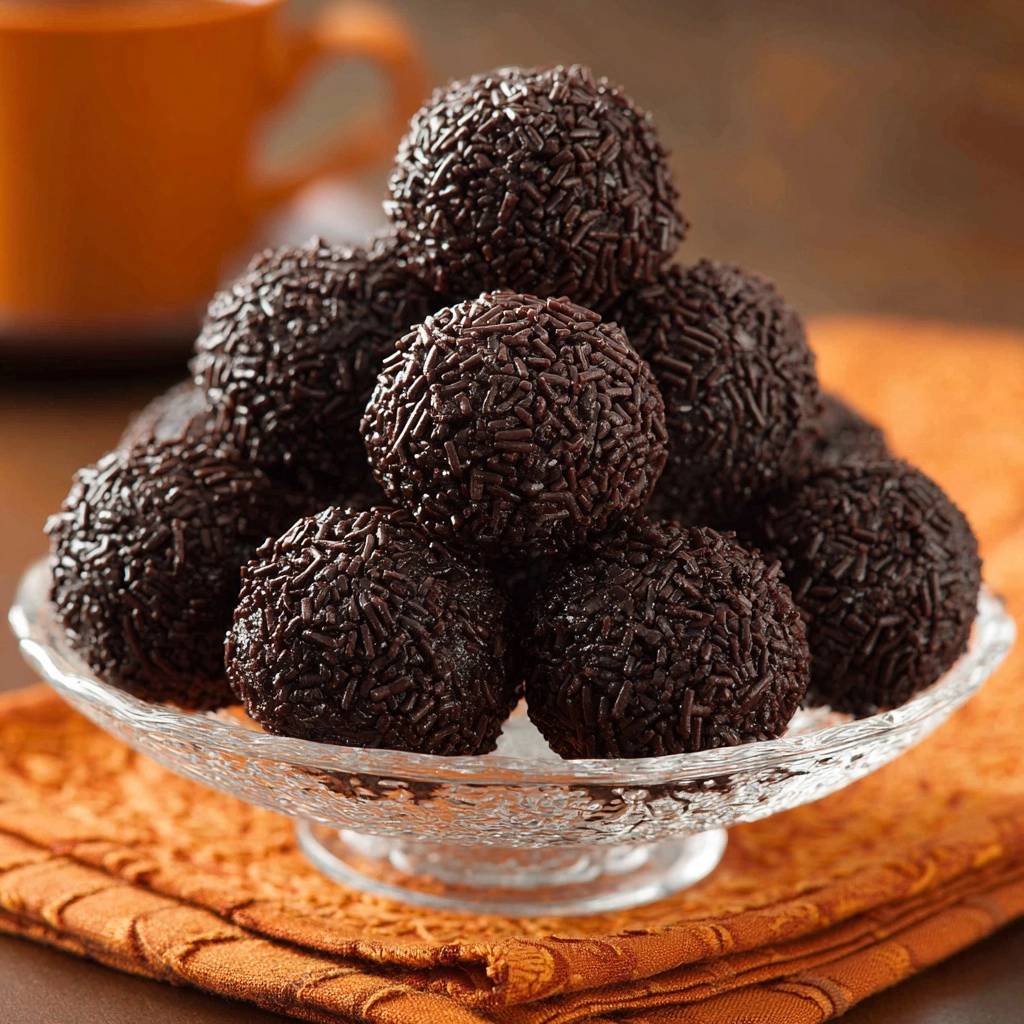 Klassische Schokoladen Brigadeiros Auf Glasplatte 1 Klassische Schokoladen-Brigadeiros, serviert auf einer eleganten Glasplatte, bilden eine verführerische Pyramide. Eine Nahaufnahme zeigt die zarte Textur der mit Schokostreuseln bedeckten Leckereien.