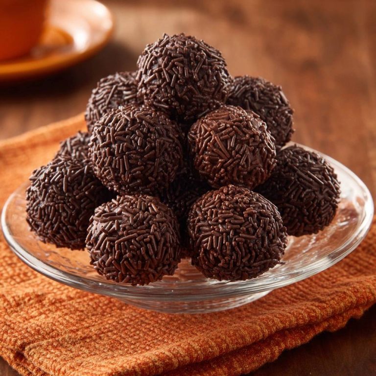 Klassische Schokoladen-Brigadeiros, serviert auf einem Glas-Servierteller, bilden einen köstlichen Haufen. Die Trüffel sind mit Schokostreuseln bedeckt.