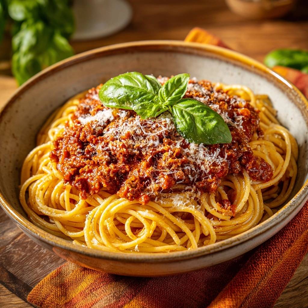Klassische Spaghetti Bolognese, serviert in einer rustikalen Schüssel, garniert mit frischem Basilikum und geriebenem Käse. Ein köstliches italienisches Gericht.