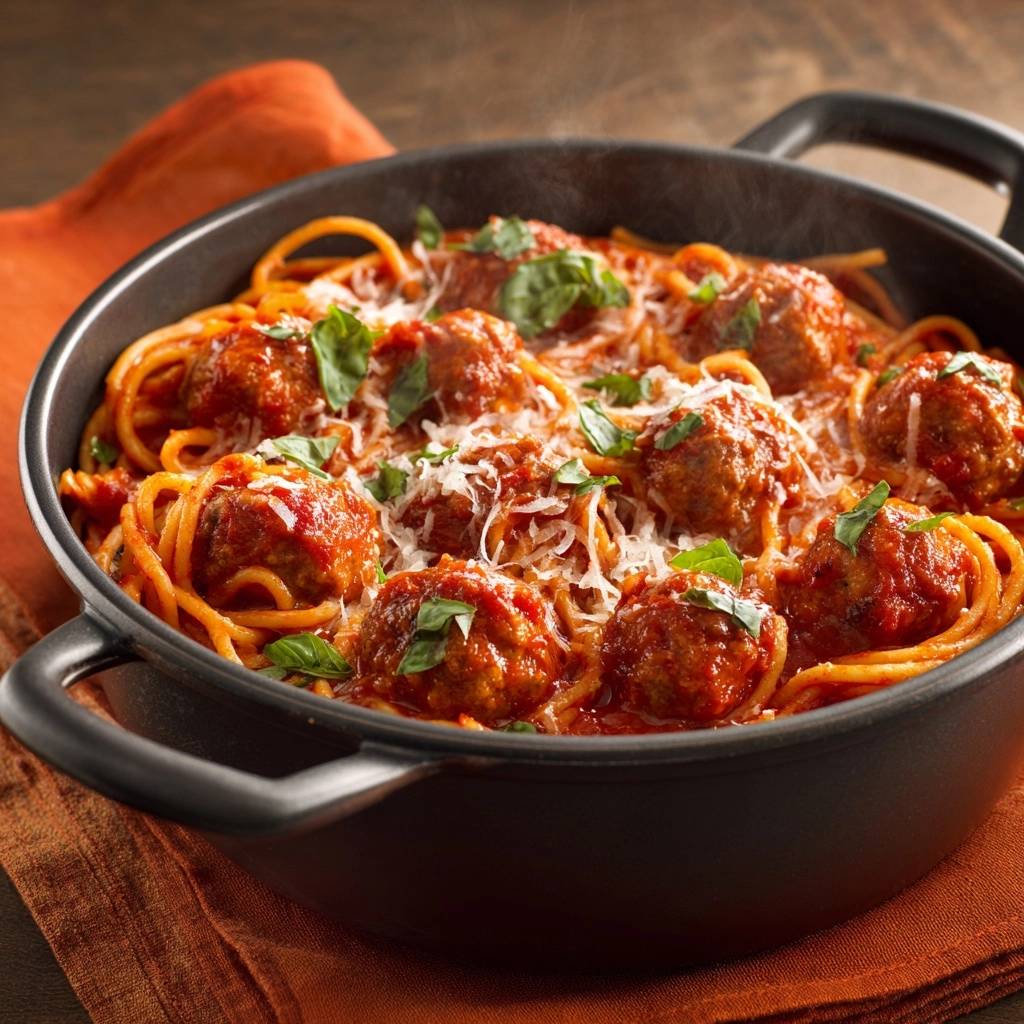 Klassische Spaghetti Mit Fleischbaellchen Draufsicht 1 Klassische Spaghetti mit Fleischbällchen, serviert in einer Pfanne, dampfen verführerisch und sind mit frisch geriebenem Käse und Basilikum garniert.