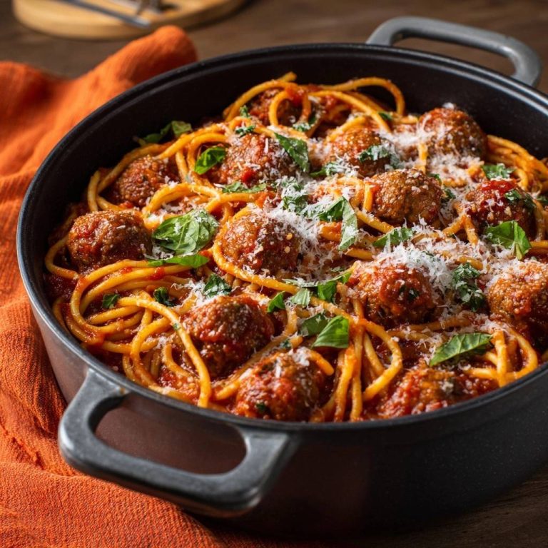 Klassische Spaghetti mit Fleischbällchen, serviert in einer Pfanne, garniert mit frischem Basilikum und geriebenem Parmesan. Ein köstliches italienisches Gericht.