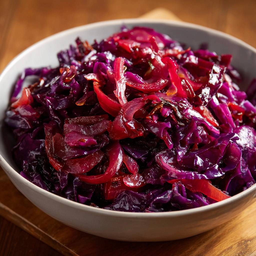 Klassischer Apfel Rotkohl Draufsicht 1 Klassischer Apfel-Rotkohl in einer grauen Schüssel. Die Draufsicht zeigt den glänzenden, geschmorten Rotkohl mit Zwiebeln.