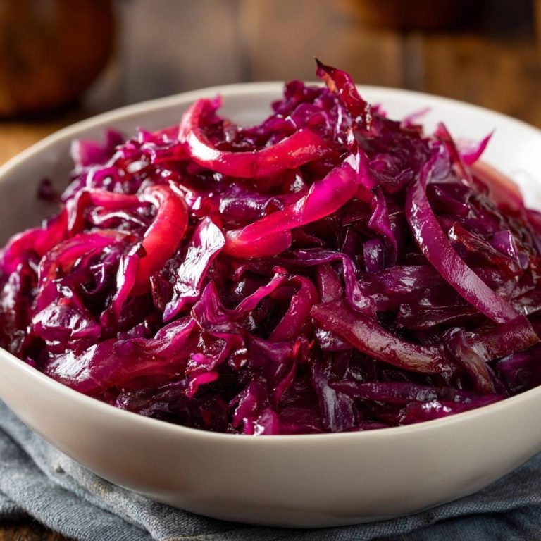 Klassischer Apfel-Rotkohl in einer Nahaufnahme, der die glänzende Textur und die leuchtende Farbe des geschmorten Kohls zeigt.