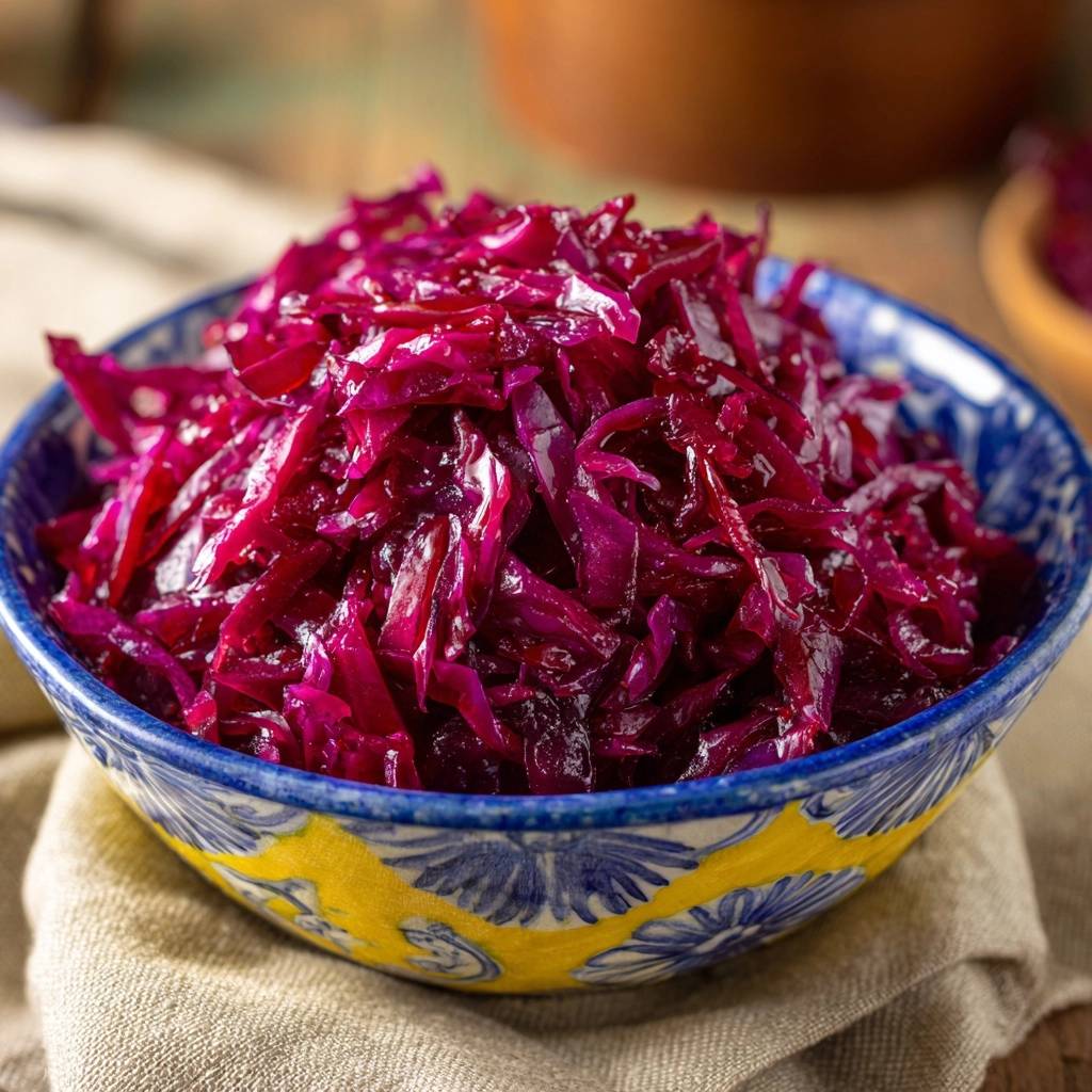 Klassischer Apfel-Rotkohl, serviert in einer dekorativen Schüssel, sieht köstlich und aromatisch aus. Das traditionelle Gericht ist perfekt zubereitet.