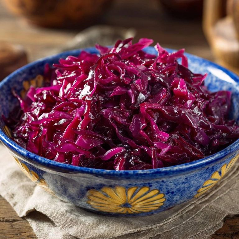Klassischer Apfel-Rotkohl, serviert in einer dekorativen blauen Schüssel, präsentiert eine köstliche Portion des warmen Wintergemüses.