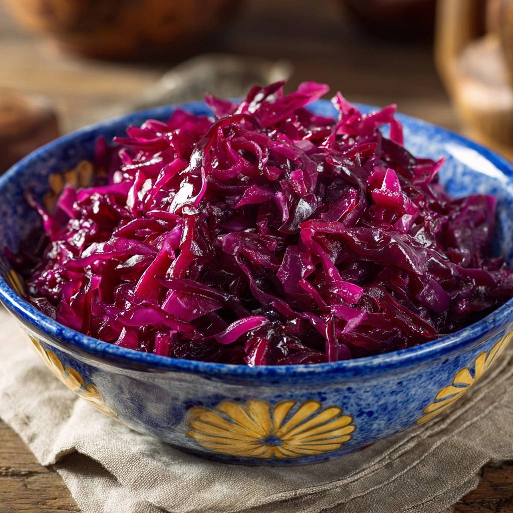 Klassischer Apfel-Rotkohl, serviert in einer dekorativen blauen Schüssel, präsentiert eine köstliche Portion des warmen Wintergemüses.