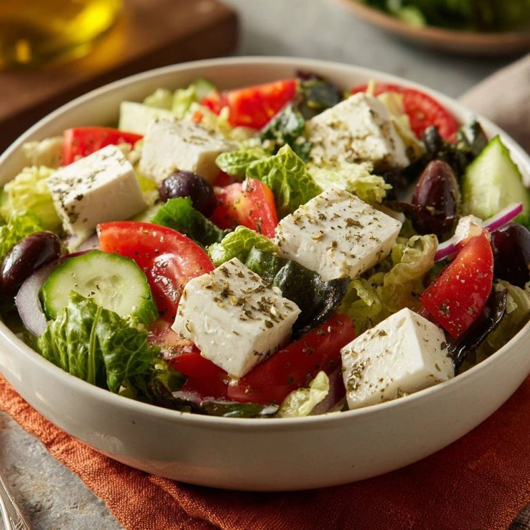 Klassischer Griechischer Bauernsalat, serviert in einer Schüssel, präsentiert eine Nahaufnahme der frischen Zutaten und des Feta-Käses.