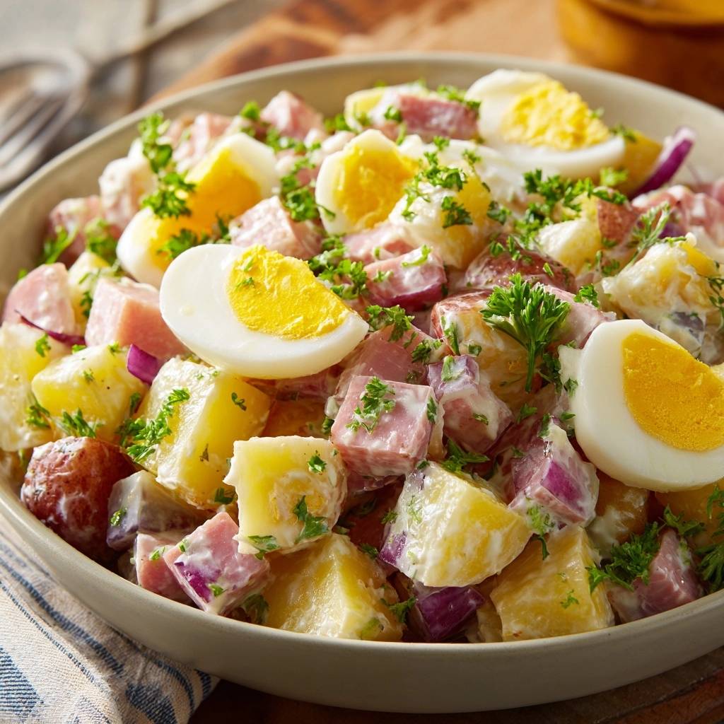 Klassischer Kartoffelsalat Mit Ei Und Schinken Draufsicht 1 Klassischer Kartoffelsalat mit Ei und Schinken, serviert in einer Schüssel, mit frischer Petersilie garniert und von oben fotografiert.