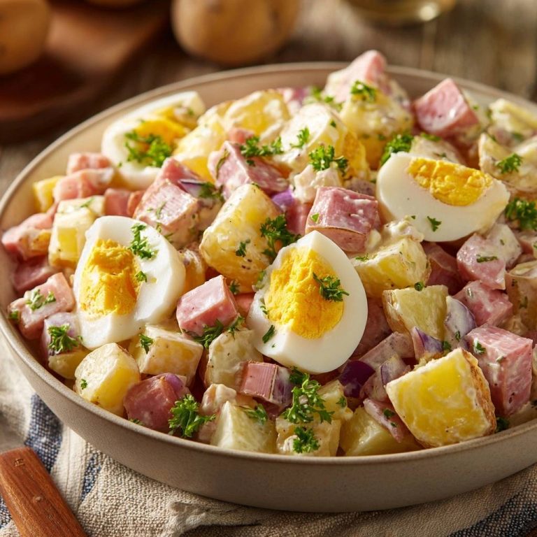 Klassischer Kartoffelsalat mit Ei und Schinken in Nahaufnahme, garniert mit frischer Petersilie und serviert in einer rustikalen Schüssel.