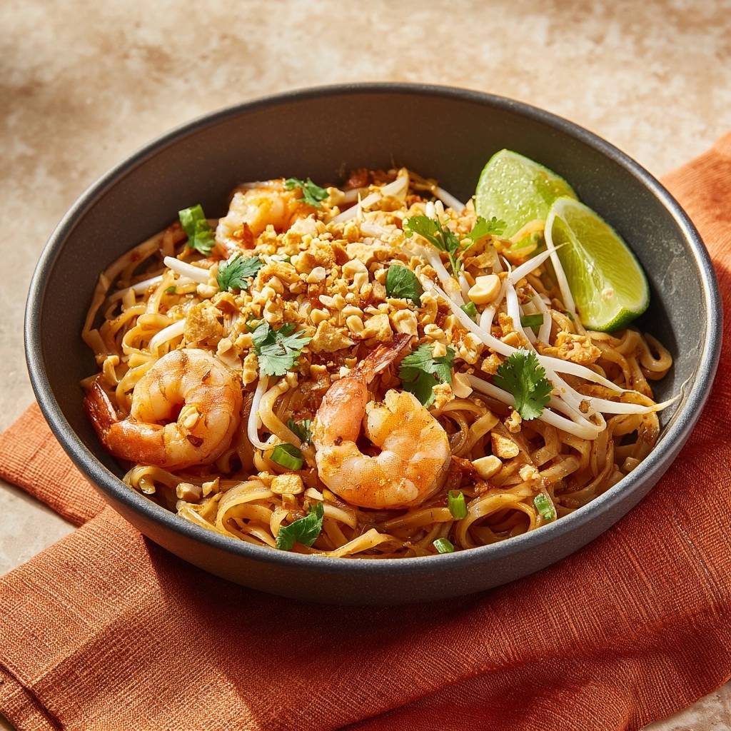 Klassisches Pad Thai Mit Garnelen Draufsicht 1 Klassisches Pad Thai mit Garnelen, serviert in einer dunklen Schüssel, garniert mit Erdnüssen, Sprossen, Koriander und Limettenspalten.