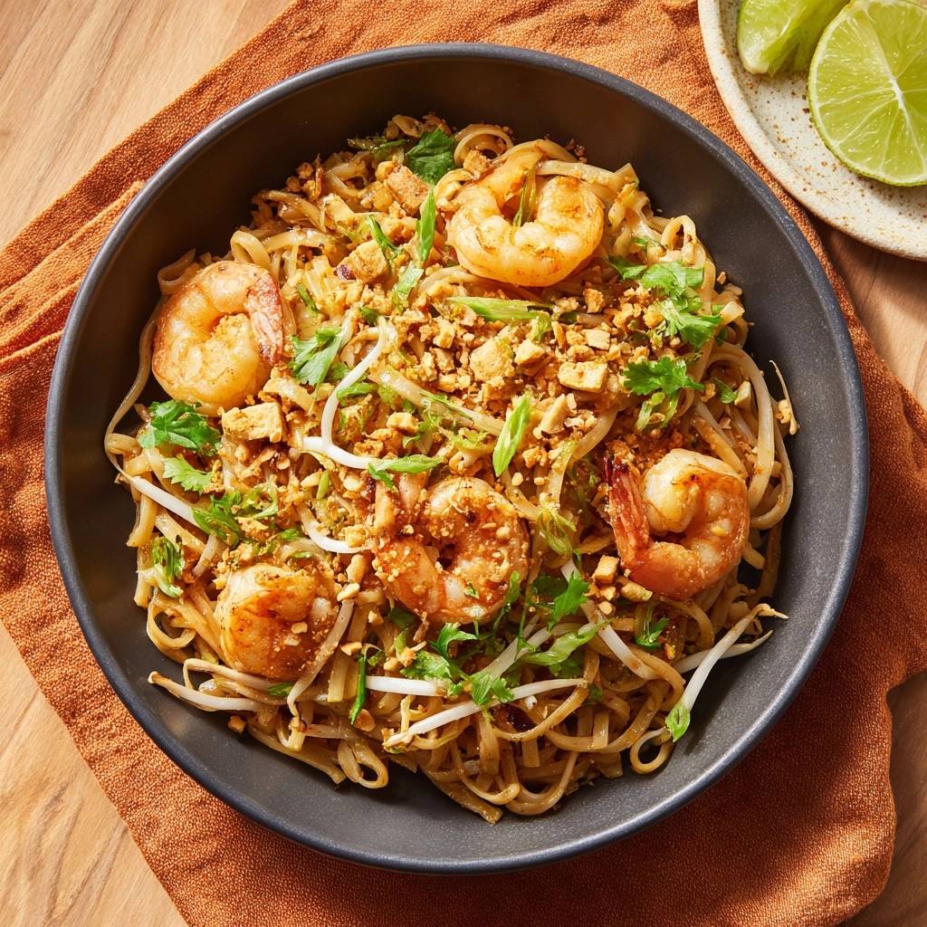 Klassisches Pad Thai mit Garnelen, serviert in einer dunklen Schüssel, garniert mit frischen Kräutern und Erdnüssen, von oben fotografiert.