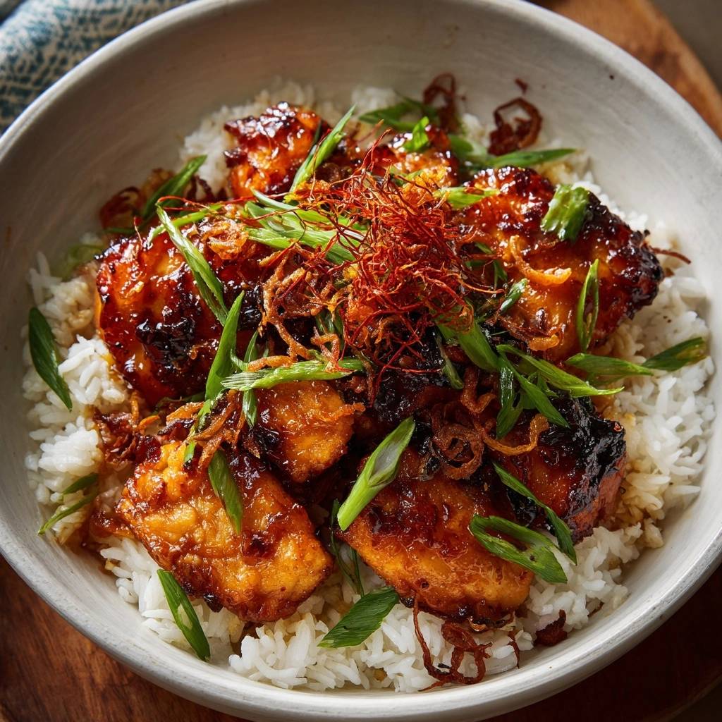 Klebriges Teriyaki Huhn Auf Reis Draufsicht Serviert 1 Klebriges Teriyaki-Hähnchen auf Reis in einer Schüssel serviert, garniert mit frischen Frühlingszwiebeln und knusprigen Zwiebeln.