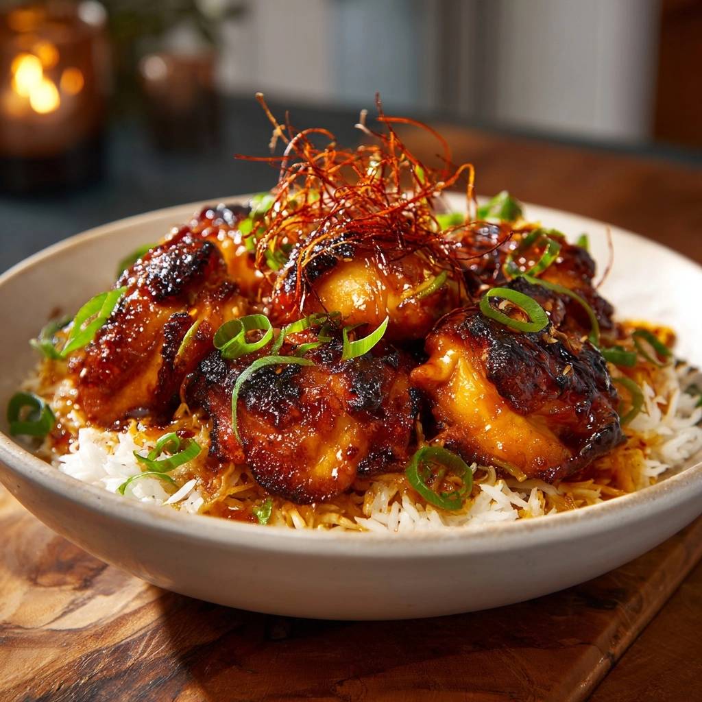Klebriges Teriyaki-Hähnchen auf Reis, serviert in einer Schüssel mit Reis, Frühlingszwiebeln und Chili-Fäden als Garnierung.