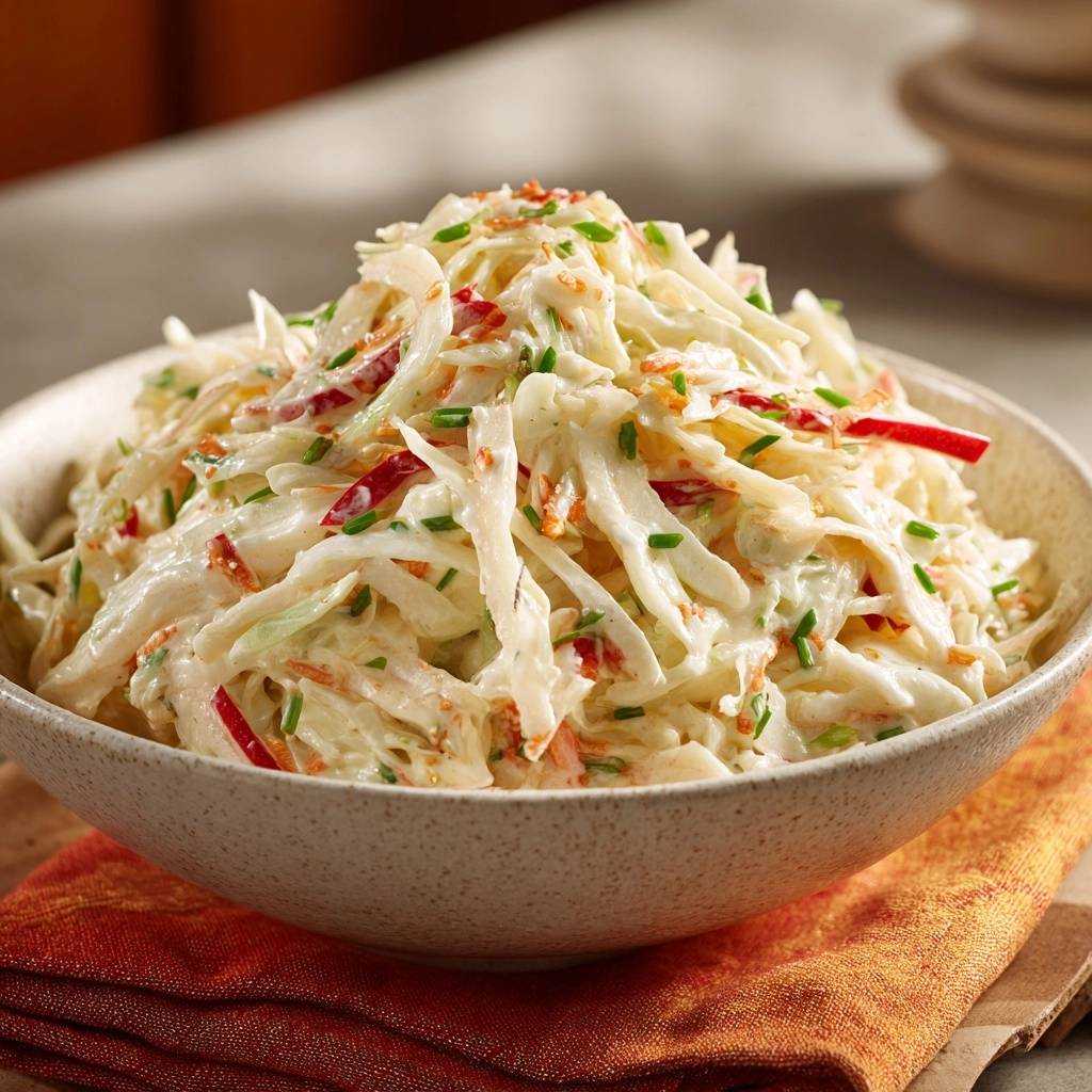 Knackiger Cremiger Coleslaw Nahaufnahme 1 Knackiger cremiger Coleslaw in einer Nahaufnahme, serviert in einer rustikalen Schüssel, mit frischen Kräutern und knackigem Gemüse verfeinert.