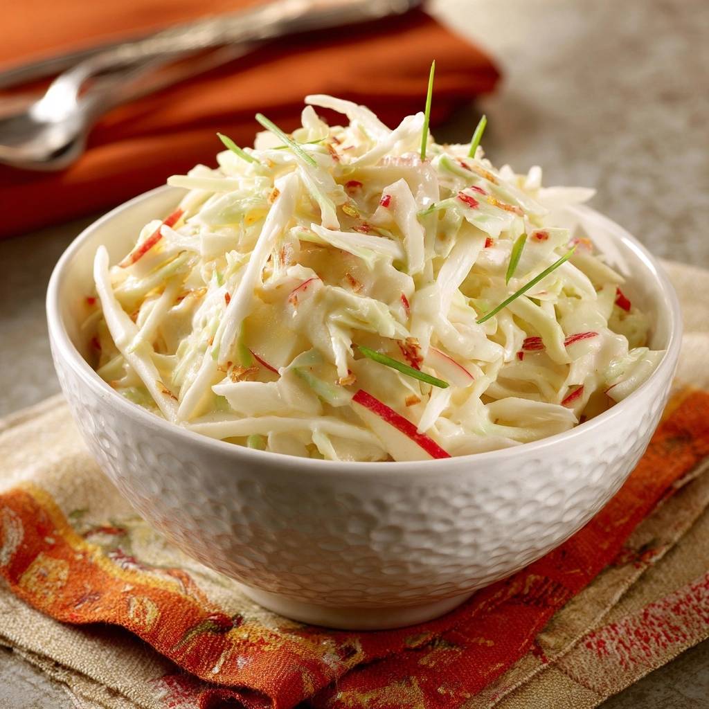 Knackiger cremiger Coleslaw in einer Schüssel aus nächster Nähe, garniert mit frischen Kräutern und roten Paprikastreifen.
