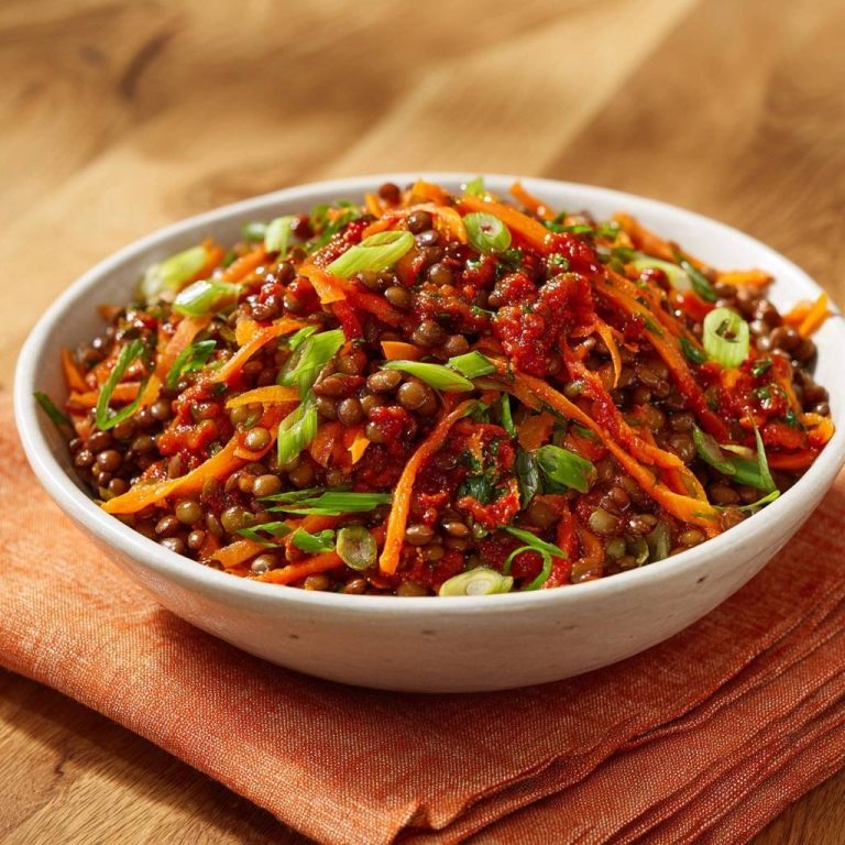 Knackiger Linsensalat mit Karotten, serviert in einer weißen Schüssel von oben, mit frischen Karotten und Frühlingszwiebeln garniert.