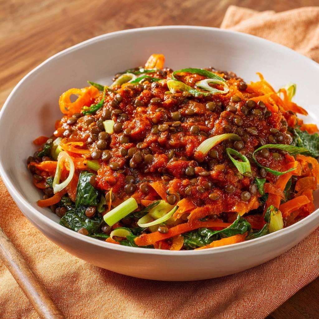Knackiger Linsensalat mit Karotten, serviert in einer weißen Schüssel, mit knackigen Karottenstreifen, Linsen und frischen Kräutern garniert.