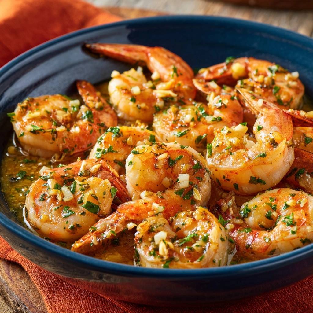 Knoblauch-Garnelen in einer blauen Schüssel serviert, mit frischen Kräutern und Knoblauch verfeinert, ein appetitliches Gericht.