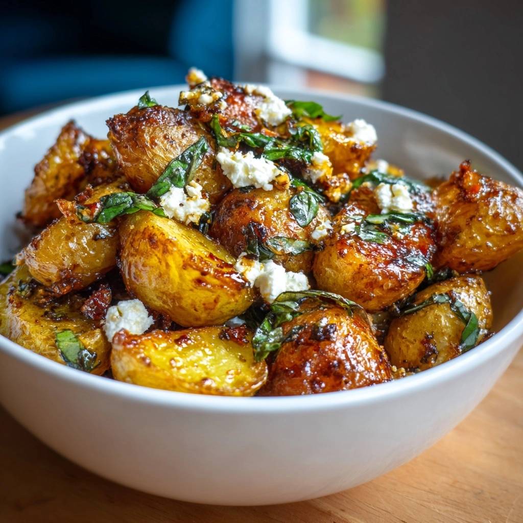 Knusprige Babykartoffeln Mit Feta Nahaufnahme 1 Knusprige Babykartoffeln mit Feta und Basilikum in einer Nahaufnahme, serviert in einer weißen Schüssel auf einem Holztisch. Die goldbraune Textur ist deutlich sichtbar.