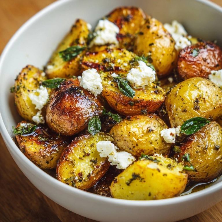 Knusprige Babykartoffeln mit Feta und Basilikum in einer Nahaufnahme, serviert in einer weißen Schüssel, mit frischen Kräutern und köstlichem Feta-Käse.