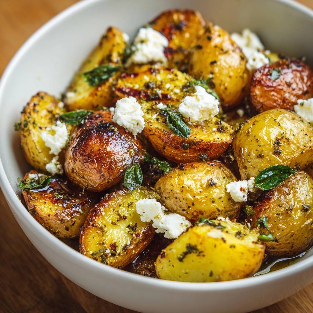 Knusprige Babykartoffeln mit Feta und Basilikum in einer Nahaufnahme, serviert in einer weißen Schüssel, mit frischen Kräutern und köstlichem Feta-Käse.