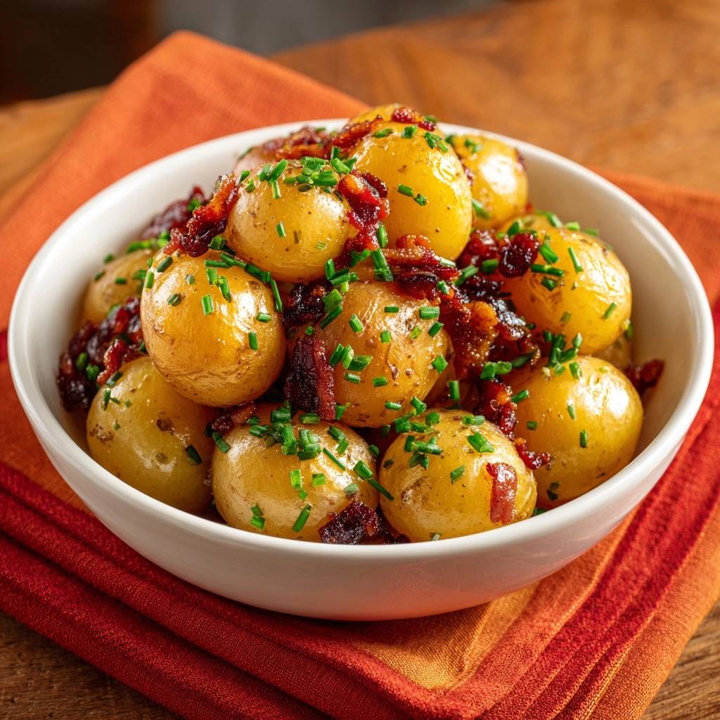 Knusprige Babykartoffeln Mit Raeuchertofu Draufsicht 1 Knusprige Babykartoffeln mit Räuchertofu, von oben betrachtet, serviert in einer weißen Schüssel und mit frischem Schnittlauch garniert.