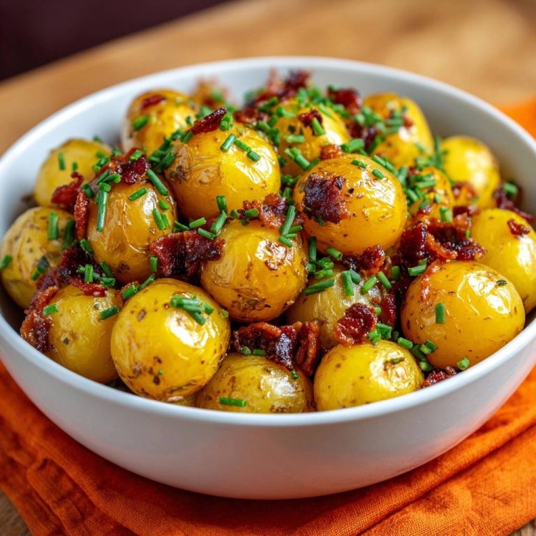 Knusprige Babykartoffeln mit Räuchertofu und Schnittlauch, serviert in einer weißen Schüssel auf einem orangenen Tuch, bereit zum Genießen.