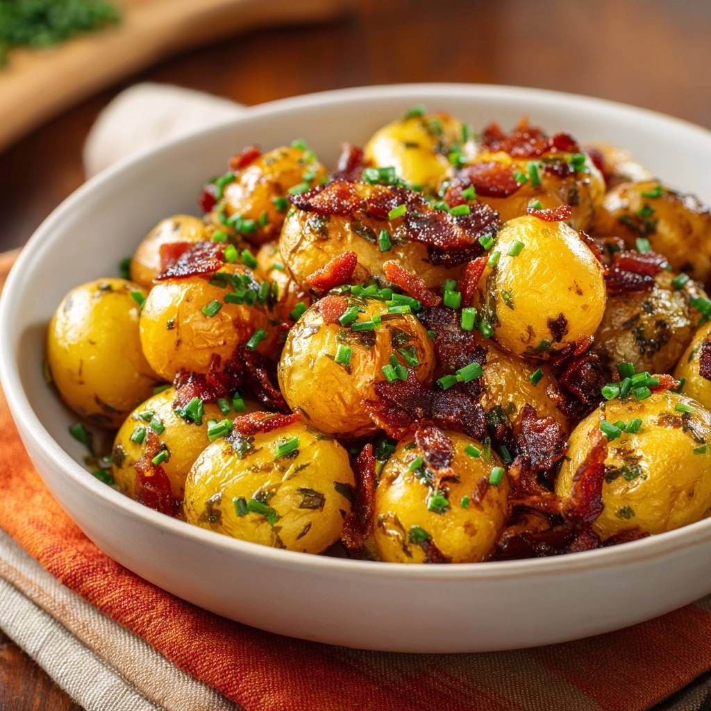 Knusprige Babykartoffeln mit Speck und Schnittlauch in einer Schüssel von oben gesehen, garniert mit frischem Schnittlauch und knusprigem Speck.