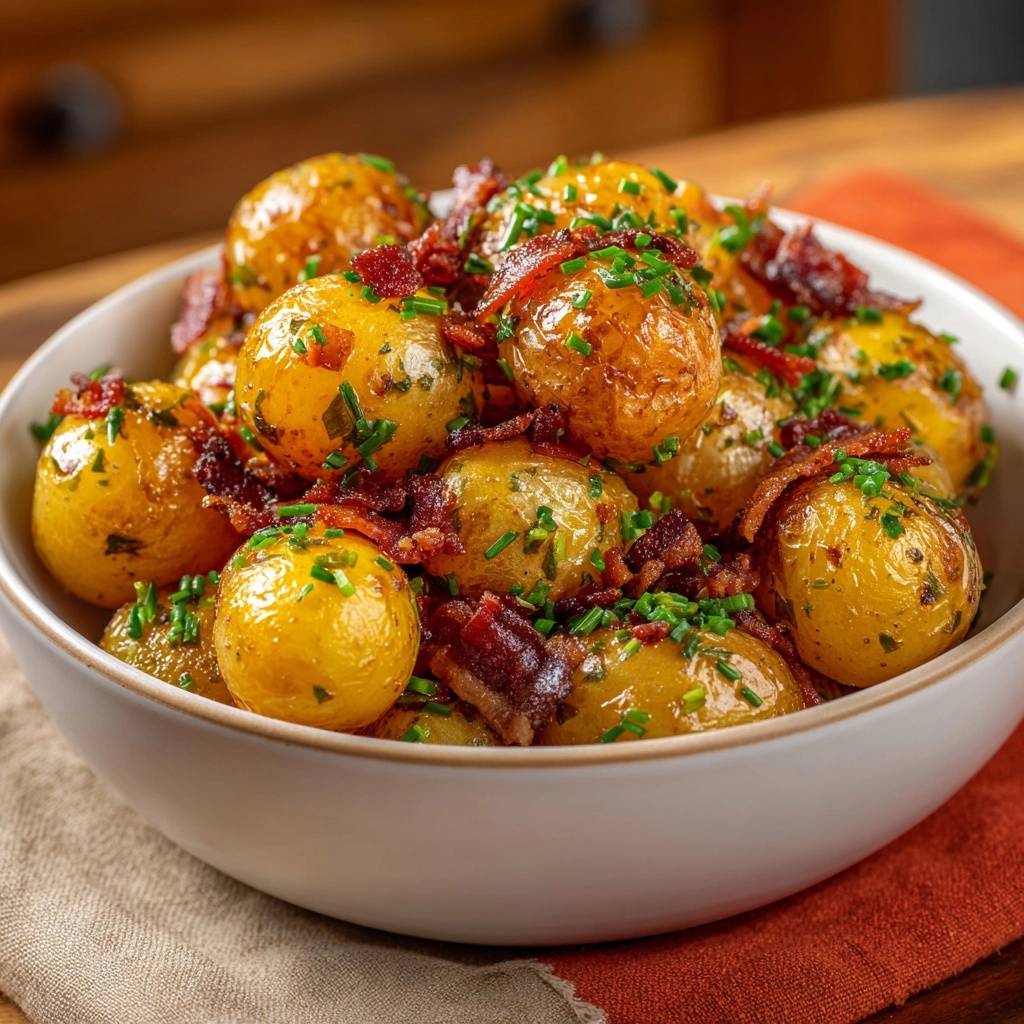 Knusprige Babykartoffeln mit Speck und Schnittlauch, serviert in einer weißen Schüssel, garniert mit frischem Schnittlauch und knusprigem Speck.