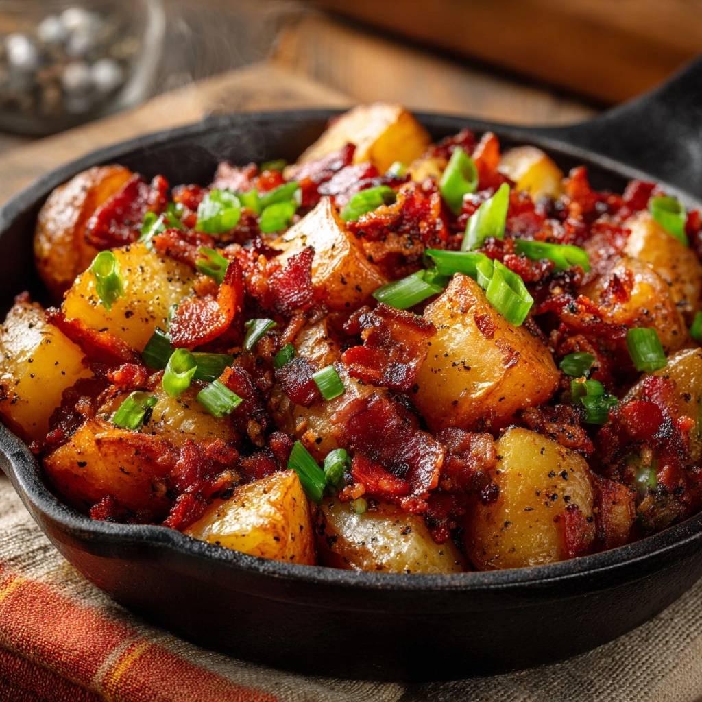 Knusprige Bratkartoffeln Mit Speck Draufsicht 1 Knusprige Bratkartoffeln mit Speck und Frühlingszwiebeln, serviert in einer gusseisernen Pfanne, mit frischen Zwiebeln garniert.