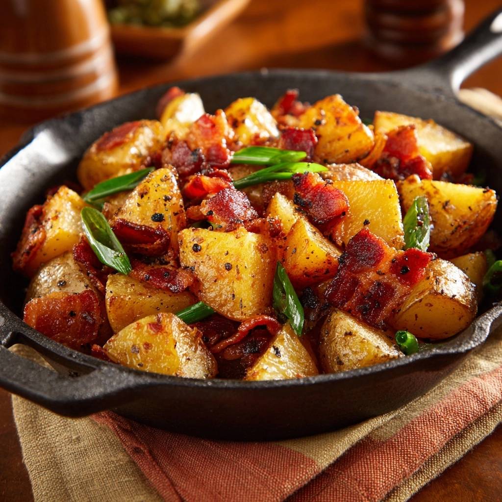 Knusprige Bratkartoffeln mit Speck in einer gusseisernen Pfanne, garniert mit frischen Frühlingszwiebeln, serviert von oben.
