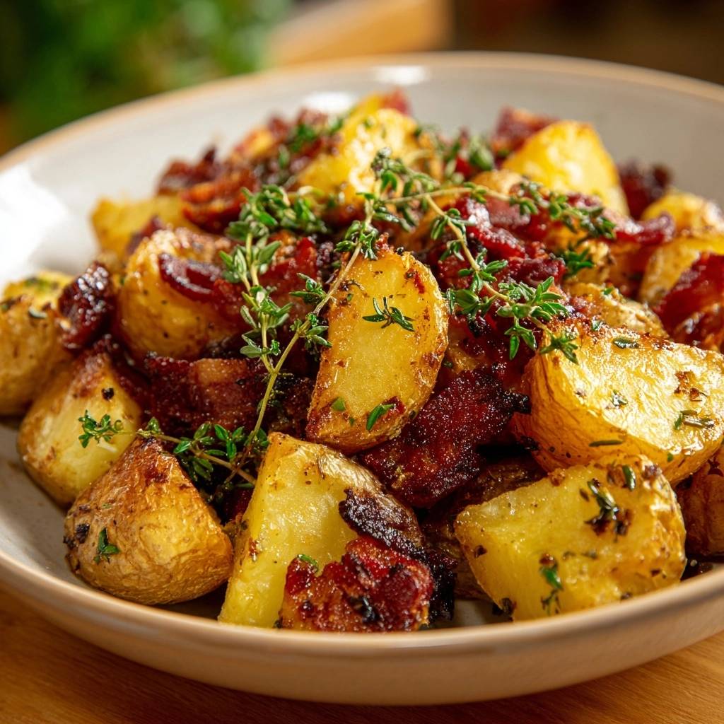 Knusprige Bratkartoffeln Mit Thymian Serviert 1 Knusprige Bratkartoffeln mit Thymian, serviert in einer Schüssel, garniert mit frischem Thymian. Die knusprigen Kartoffeln liegen auf einem Holztisch.