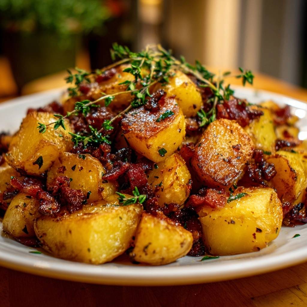 Knusprige Bratkartoffeln mit Thymian auf einem Teller serviert, dekoriert mit frischen Thymianzweigen und knusprigem Speck. Ein köstliches Gericht für jeden Anlass.
