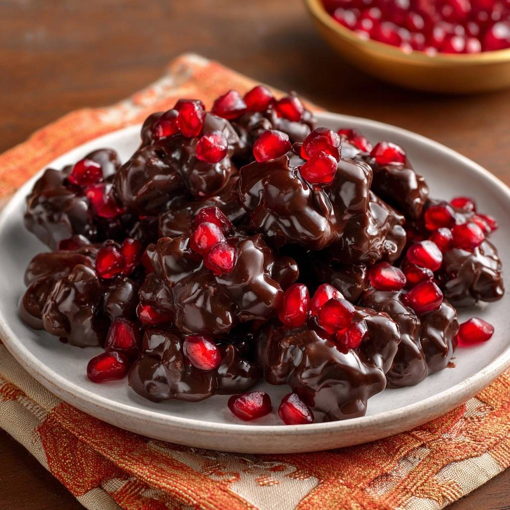 Knusprige Granatapfel Schokoladen Bark Nahaufnahme 1 Knusprige Granatapfel-Schokoladen-Bark in Nahaufnahme, garniert mit leuchtend roten Granatapfelkernen, präsentiert auf einem dekorativen Teller. Die dunkle Schokolade glänzt appetitlich.